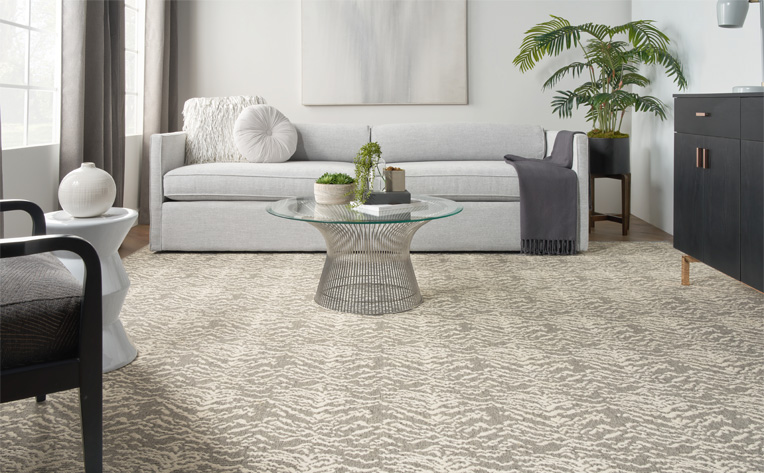 grey animal print carpet in living room with modern decor