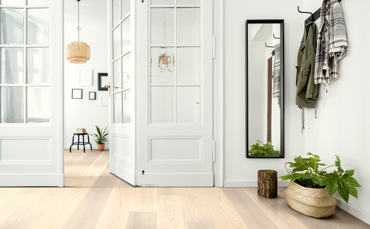 hardwood flooring in entryway with biophilic interior design elements.